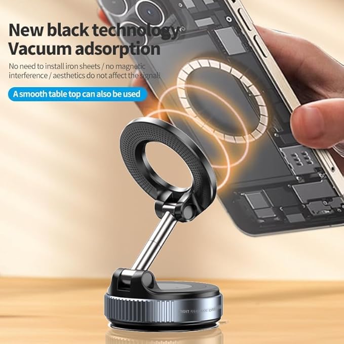 BISART Vacuum Magnetic Car Phone Holder – 360° Rotatable, Reinforced 96LBS Suction Cup Mount Compatible with MagSafe for iPhone & Android, Portable for Car, Gym & Mirror (Black-Nano Gel)