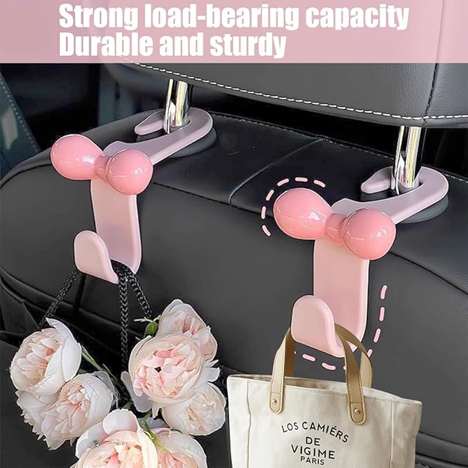 BELOMI 4PCS Car Seat Headrest Hooks, Cute Bow Vehicle Back Seat Hanger for Purses Bag, Auto Interior Backseat Storage Hanging Organizer Accessories, Universal for SUV Sedan Truck (Pink)