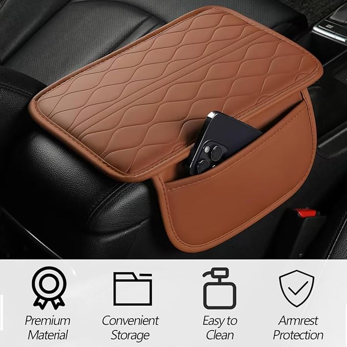 HZEL Car Center Console Cover, Scratch & Wear Resistant Soft Leather Vehicle Armrest Seat Box Cushion Pad with 2 Storage Bag, Waterproof Automotive Interior Protector, Universal Fit (Yellow)