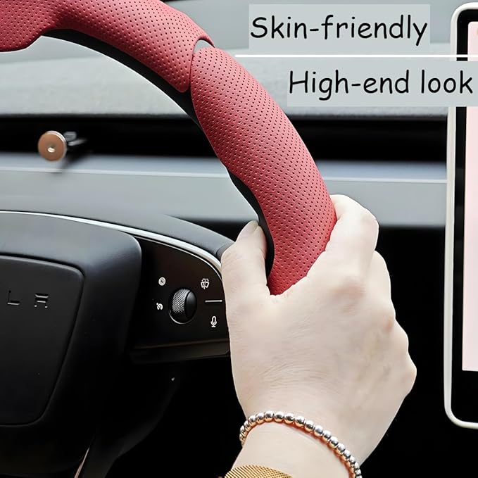 Car Steering Wheel Cover, Nappa Leather 15 Inch Snap-On 3PCS Set Vehicle Steer Wheel Wrap Protector, Non-Slip Automotive Interior Protection Accessories, Universal Fit (Red)