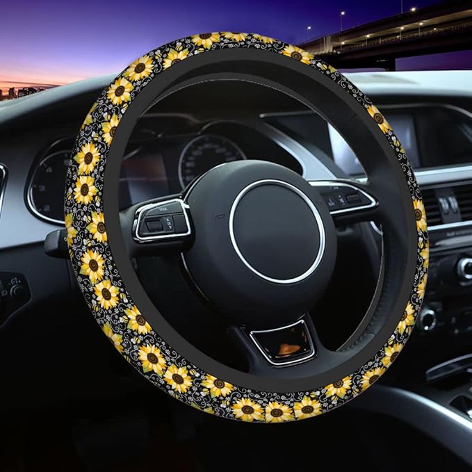 Swono Sunflower Steering Wheel Cover Cartoon Sunflower and Bee On The Black Anti-Slip Car Wheel Wrap Compatible with Most Auto Cars Trucks with 15 Inch Steering Wheels