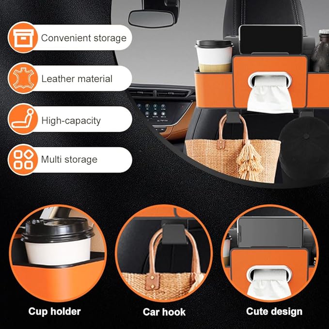 Fiopet 3-in-1 Car Seat Back Storage Box, 2026 New Multifunctional Car Back Seat Organizer with Cup Holder, Tissue Box, Trash Bin & Hooks for Hold Phones, Snacks, Drinks, Handbags (White)