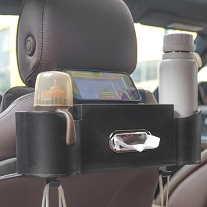 5-in-1 Car Backseat Organizer, 2026 Multifunctional Seat Back Storage Box with Cup Holder, Tissue Box, Phone Holder and 2 Hooks, Premium Leather Car Organizer for Tidy Car (Black-1pc)