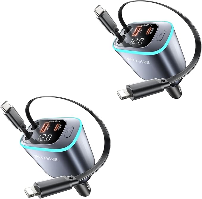 4 in 1 Car Charger, Retractable iPhone Car Charger Fast USB C Phone Charger, Cigarette Lighter with 2 Cable 30 Inch and 2 USB Ports, Multi Port USB Car Charging for iPhone 17/16/15/14/13 Pro Max-2Pack