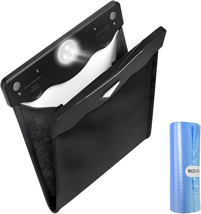 Car Hanging Trash Can, Magnetic Closure LED Light Auto Trash Bag Storage Pocket, Collapsible Waterproof Leather Hanging Trash Can with Disposable Trash Bag, Car Accessories (Black)