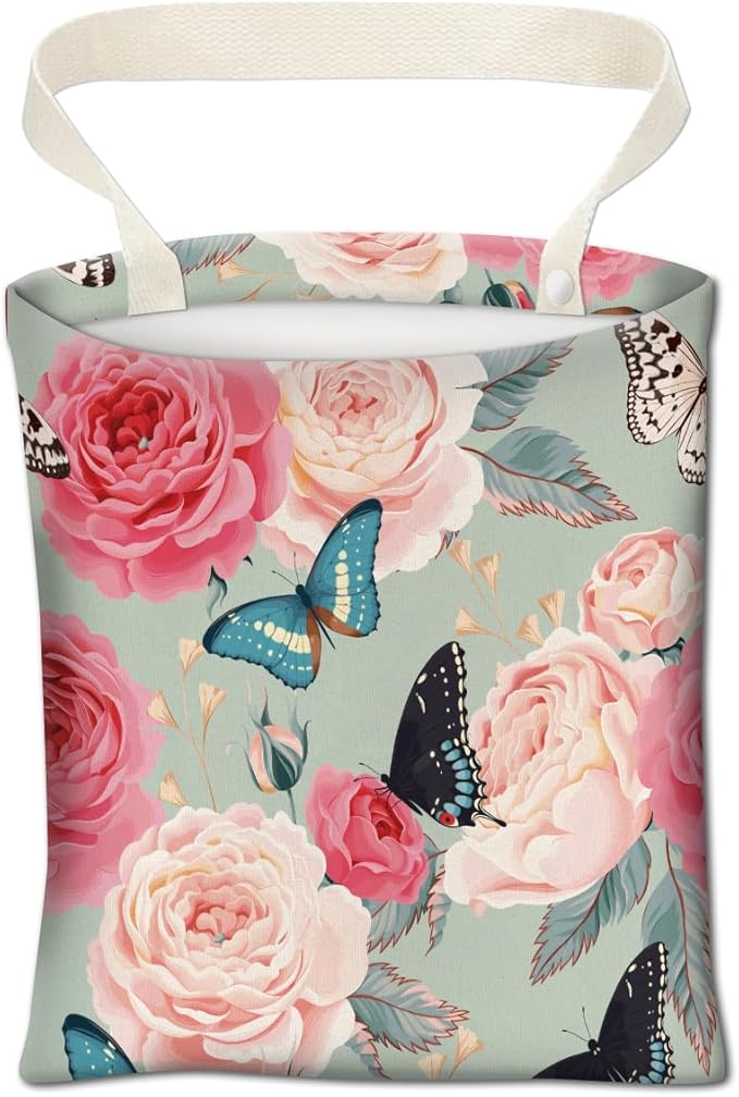 ABUIFDK Car Trash Can, Cute Car Trash Bag, Hanging Car Organizer and Storage Bag, Trash Bin for Car Accessories, Vehicle, Travelling, Camping Cute Flower and Butterfly
