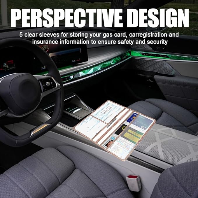 Vehicle Glove Box Car Organizer, Car Registration and Insurance Holder, Insurance Card Holder for Cars, Car Registration and Insurance Card Holder Interior Accessories for Women(Glitter-Rose)