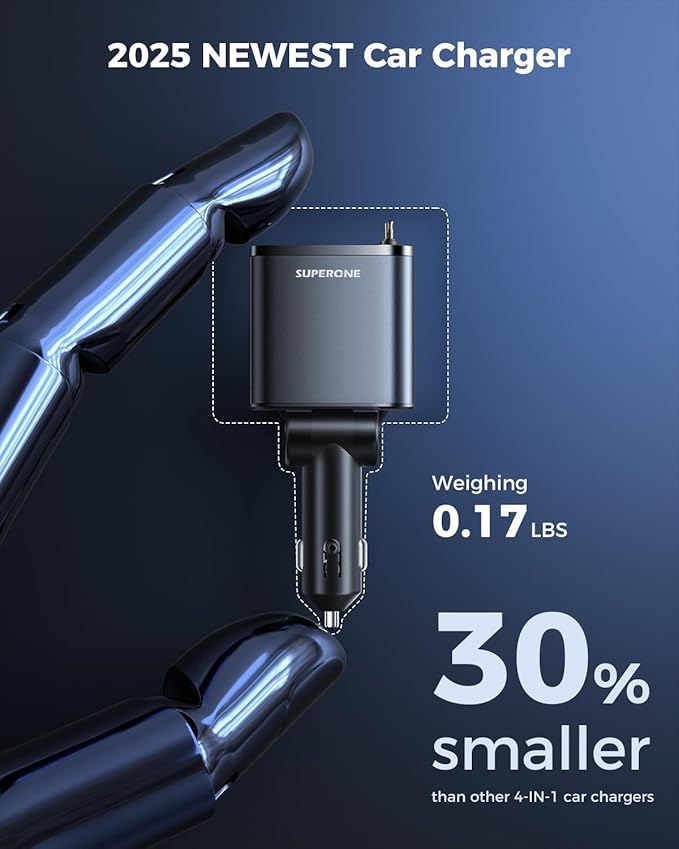 [2024 Upgraded] 4 in 1 Retractable Car Charger, SUPERONE Smaller Fast Car Phone Charger 69W with Cord, USB C and iPhone Car Charger Adapter, Compatible iPhone 17/17 Pro Max/16/15/14/13/12/11, Sumsung