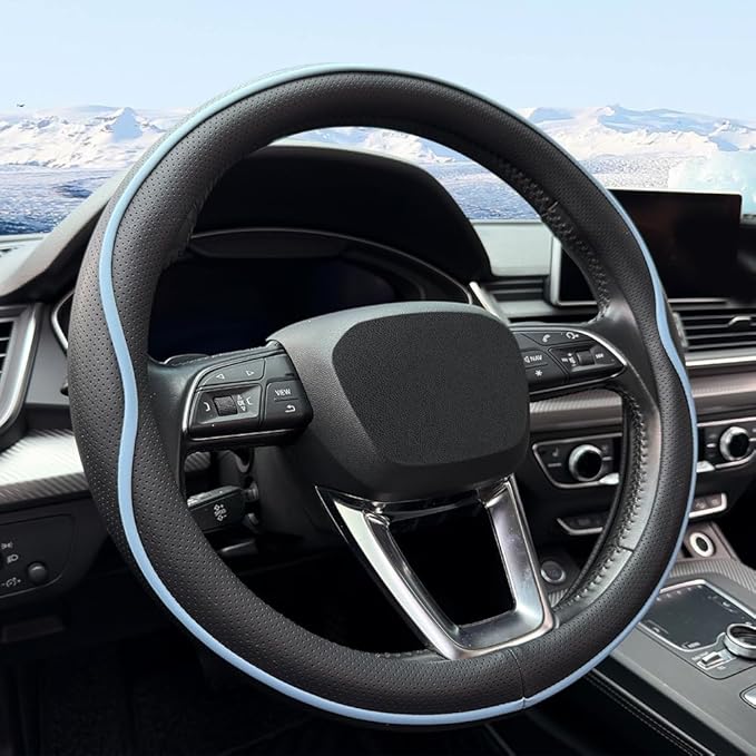 HAOTULE Leather Steering Wheel Cover， with Anti-Slip Stripe Design - Enhanced Grip, Fashion Style, Safe, Non-Slip, Breathable. Upgrade car Interior，Black Blue