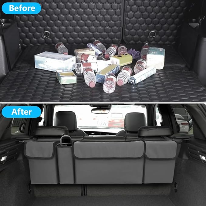 Car Trunk Organizer, Collapsible Large Capacity Auto Backseat Hanging Storage Bag with Adjustable Strap & 4 Pockets, Space Saving Car Back Seat Cargo Bag, Universal for Vehicles (Gray)