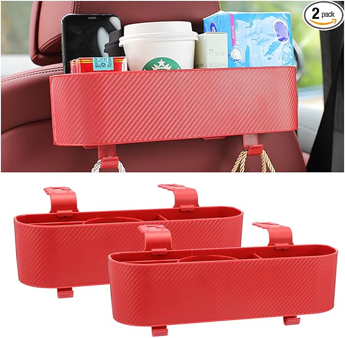 BELOMI 2PCS Car Headrest Backseat Organizer with Cup Holder, Seat Back Hanging Storage Box with Hooks, Multi-Functional Drink Pocket Food Snack Phone Tray for Kids, Car Travel Accessories（Red/2PCS）