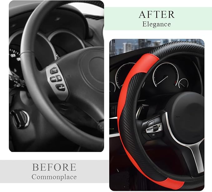 Elastic Car Steering Wheel Cover, Microfiber Leather Carbon Fiber Vehicle Steering Wheel Protector, Steering Wheel Cover with Anti-Slip Lining, Black+Red Interior Accessory