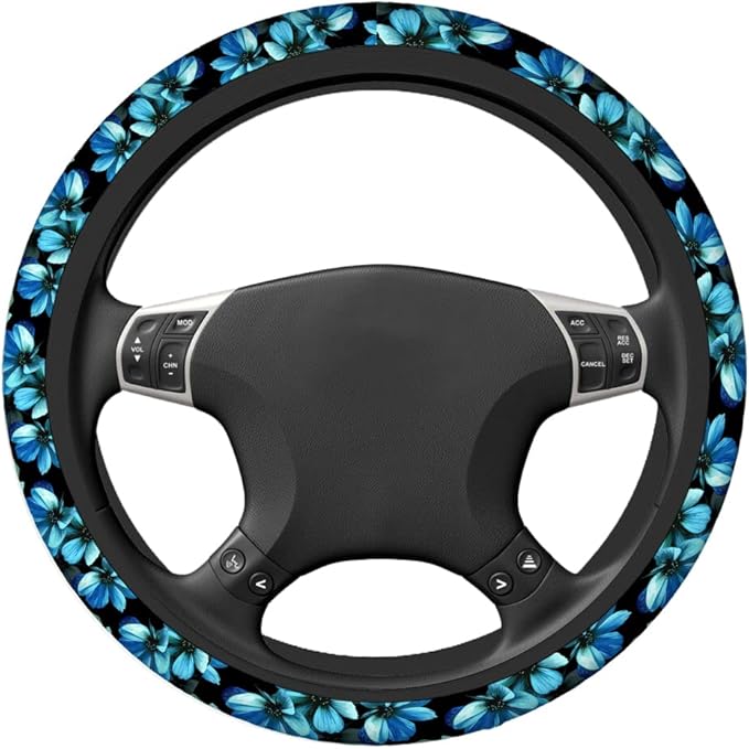 Swono Flowers Blue Car Steering Wheel Cover,Beautiful Blue Flowers On A Black Safe Driving Anti-Slip Steering Wheel Covers Steering Wheel Protection Case No Smell Universal 15 Inch