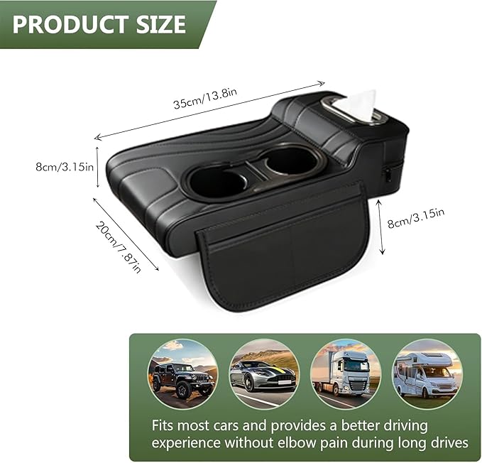 Upgrade Multifunctional Car Armrest Cushion,Center Console Cover with 2 Cup Holder,Arm Rest Cover for Car,Car Armrest Storage Box, Car Accessories Center Console Organizers for Most Cars