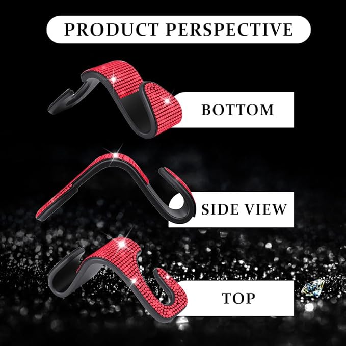 2PCS Car Seat Hooks, Purse Hook for Car, Crystal Rhinestone Vehicle Backseat Purse Holder, Auto Accessories Diamond Auto Seatback Storage Organizer Hanger for Handbag Clothes Purse (Red)