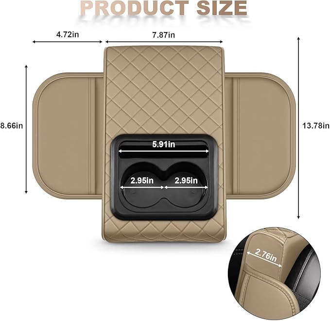 Center Console Cover Fit for Tacoma Faux Leather Car Armrest Cushion with Storage Bags, Cup Holder ＆ Phone Storage Multifunctional Middle Console Cover(Beige)