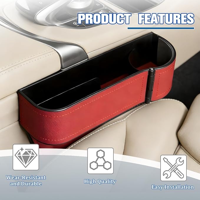 Car Seat Gap Filler Organizer with Cup Holder Expander, Leather Console Seam Filler Storage Box, Auto Front Seat Gap Organizer for Phones Keys Glasses, Universal Fit (Wine Red Passenger)