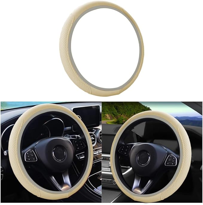 Leather Car Steering Wheel Cover, Elastic, Breathable Anti-Slip, Universal 15 inch, Steering Wheel Cover for Men Women (Beige)