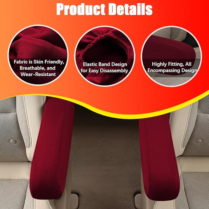 Smeyta 2PC Car Front Seat Armrest Covers,Universal Size Seat Arm Rest Cover,Flat Cloth Fabric Armrest Cover,Car Interior Accessories(Wine Red,1Pair)