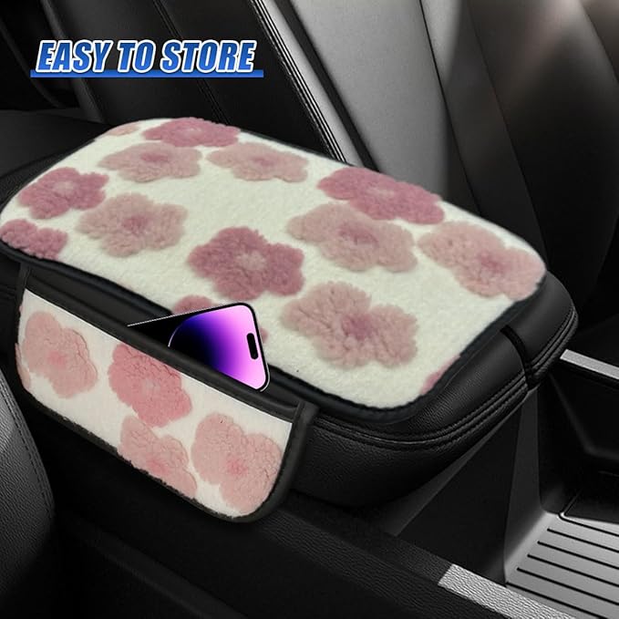 Car Center Console Cover, Soft Fluffy Car Armrest Seat Box Cushion Pad with 2 Storage Bags, Universal Vehicle Interior Protector Accessories for Most Sedans, SUVs, Trucks (Pink)