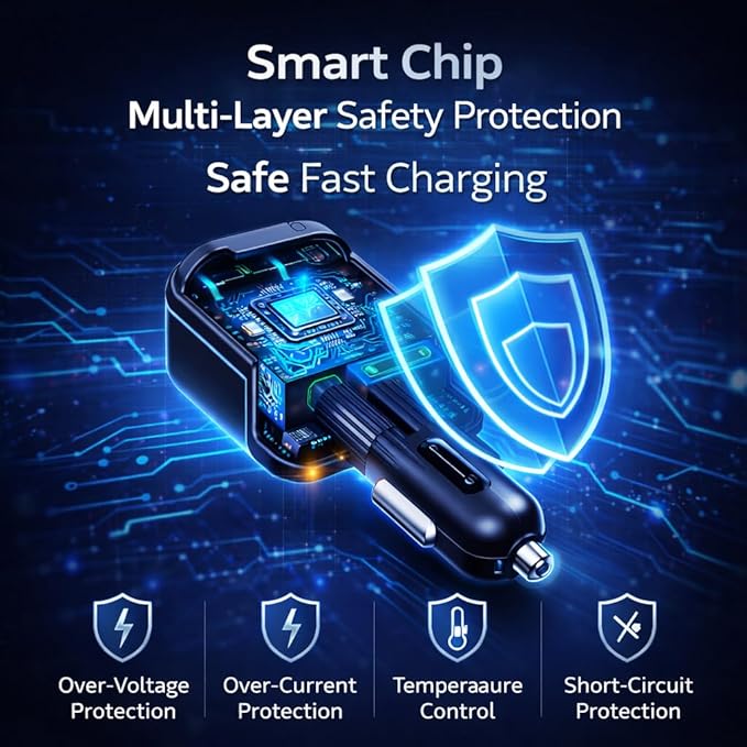 Mizi [2025 Upgraded] Retractable Car Charger 5 in 1, 69W Fast Charging with 2X Retractable Cords [Lightning + Type-C], 2X Type-C & 1X Type-A Port for iPhone 16/15/14/13/12, Samsung, and More - Black