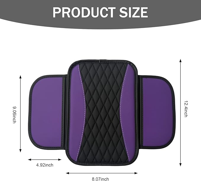 Car Center Console Cover, Patchwork Leather Armrest Cover Cushion with 2 Storage Bag, Waterproof Comfortable Auto Arm Rest Pad, Universal Center Console Protector for Sedan, SUV (Purple)