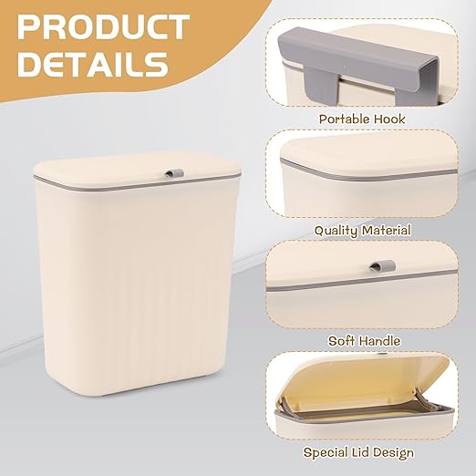 3 Pack Hanging Trash Can with Lid, Kitchen Compost Bin for Counter Top or Under Sink, Plastic Waste Basket Wall Mounted Garbage Can for Cupboard/Bathroom/Bedroom/Office/Camping (Cream)