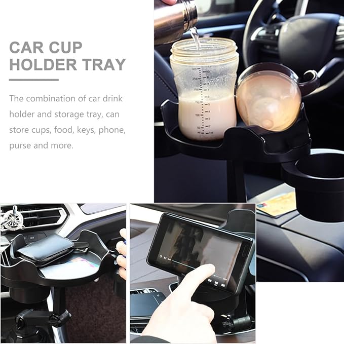 Car Cup Holder Expander with Rotatable Tray, Multi-Functional Car Food Tray and Drink Holder for Vehicle Interior Accessories, Compatible with Standard Cup Sizes, Swivel Design for