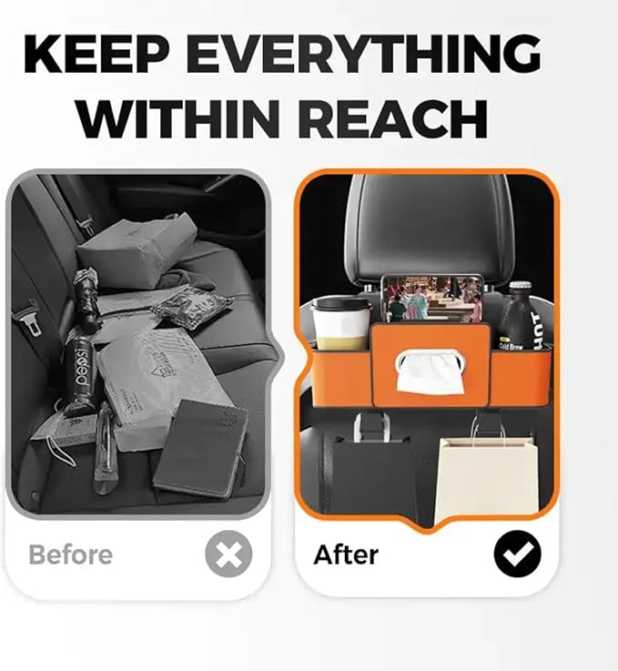 Multifunctional Car Organizers and Storage Box, 2026 New Backseat Car Organizer with Cup Holder, Tissue Box, Trash Bin & Hooks for Hold Phones, Snacks, Drinks, Handbags (White)