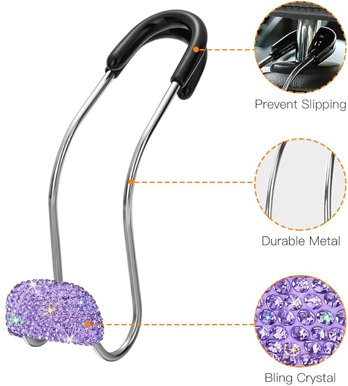 SAVORI Purse Holder for Car, Bling Car Hooks Organization Rhinestones Auto Back Seat Headrest Metal Hanger Organizer for Bags 2PCS (Purple)