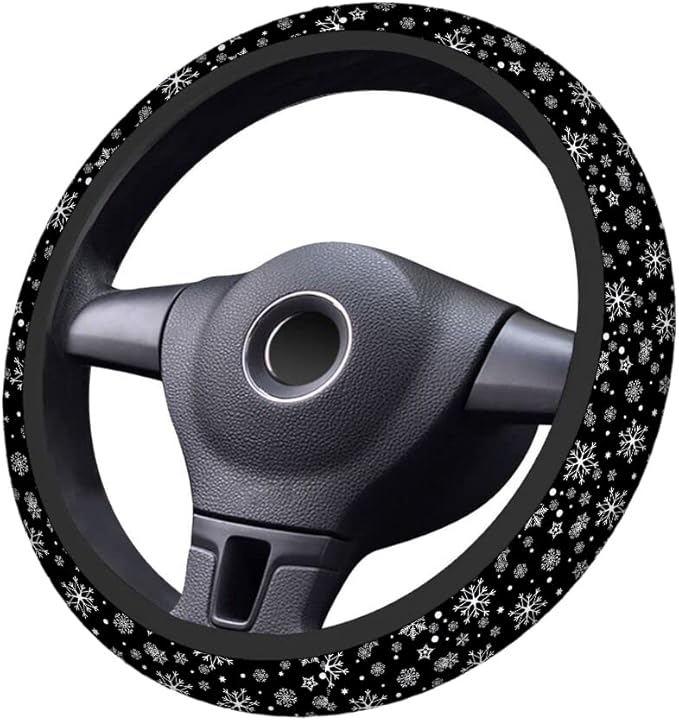 Swono Snowflakes Car Steering Wheel Covers Snowflakes On A Black Universal Fit 15 Inch Anti-Slip Steering Wheel Protector Cover Stretch-On Fabric Automotive Car SUV Sedans