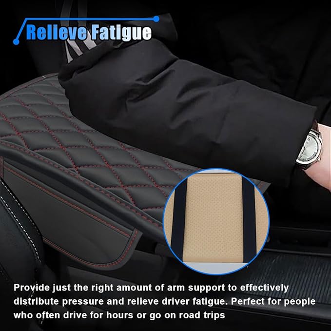 Car Center Console Cover, Car Armrest Cover Cushion, Leather Support Pad with 2 Storage Bags, Universal Interior Decorative Accessory for Most Vehicles, SUVs, Trucks, RVs (Red)