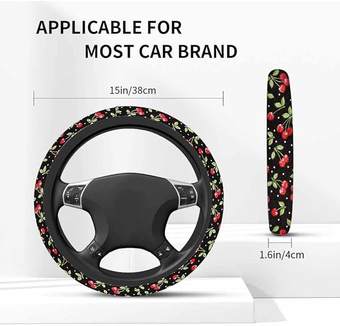 Cherry Steering Wheel Cover Red Cherry on Black Background Steering Wheel Cover for Women Men Anti-Slip Breathable Steering Wheel Protector Car Accessories