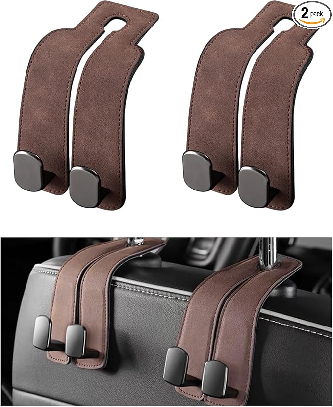2 PCS Car Seat Headrest Hook, Back Seat Hanger with Double Flexible Leather Hooks, Soft Leather Double Headrest Metal Hooks Purse Handbag Organizer, Car Accessories (Brown)