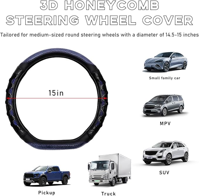 Car Steering Wheel Cover, 15 Inch Leather D-Shaped Comfy Grip Steering Wheel Protector, Anti-Slip Steering Wheel Cover with 3D Honeycomb for Most Vehicles, Car Accessories (Blue)