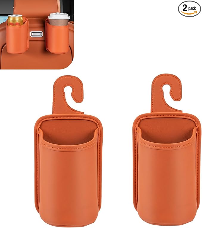 2PCS Car Headrest Cup Holder for Back Seat, PU Leather Premium Storage Accessory, Multi-Functional Anti-Spill Cup Storage Box with Hooks for Bags, Universal for Most Cars (Orange)