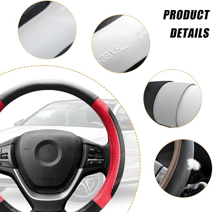Car Steering Wheel Cover, 15 Inch Carbon Fiber Leather Non-Slip Steering Wheel Protector with Lining, Breathable Automotive Interior Accessories, Universal for SUV RV Truck (Red)