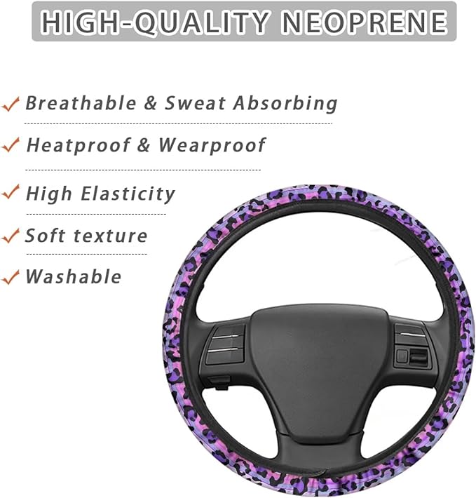 Universal Non-Slip Steering Wheel Cover, 15-inch Polyester Material Driving Accessories, Adjustable for Car and Truck(Pink Purple Gradient Leopard)