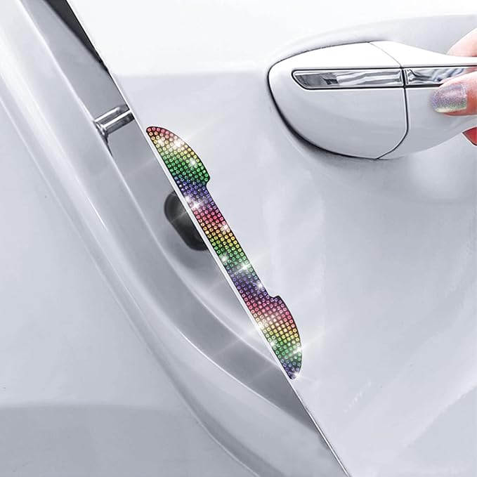 4PCS Bling Car Rear View Mirror Anti-Scratch Stickers Protector, Rhinestone Auto Door Handle Edge Guards, Crystal Anti-Collision Strip Decal, Car Exterior Decoration Accessories for Women Men (Color)