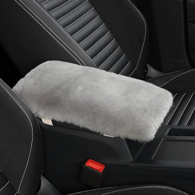 IRIWOOL Sheepskin Armrest Cover Auto Center Armrest Cover Car Soft Console Pad, Fluffy Wool Auto Center Console Cover for Most Car Arm Rest Decoration Protector 7 x 13 Inch (Shearling, Light Gray)