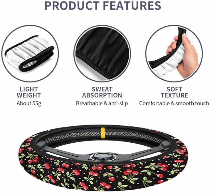 Cherry Steering Wheel Cover Red Cherry on Black Background Steering Wheel Cover for Women Men Anti-Slip Breathable Steering Wheel Protector Car Accessories