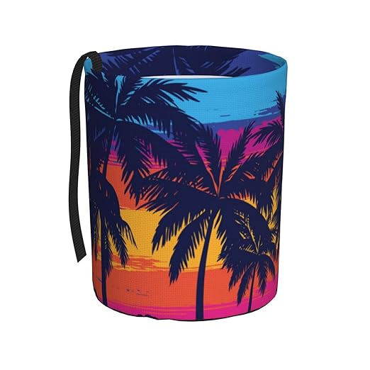 KXWQTRDD Car Garbage Bag Blue Palm Trees at Sunset Mini Car Trash Bin Portable Collapsible Waterproof Rubbish Bag for Car Accessories Back Front Seat Cup Holder
