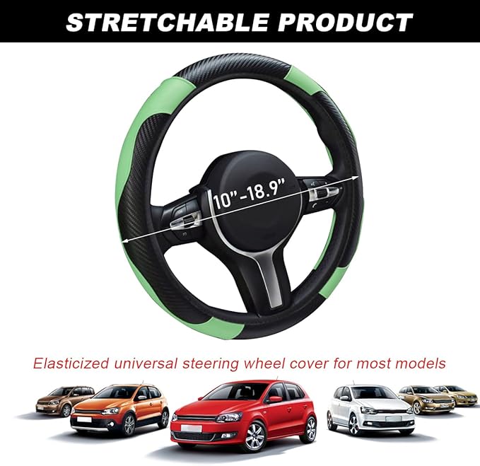 Car Steering Wheel Cover, 15 Inch Carbon Fiber Leather Stitching Color Steering Wheel Protector, Anti-Slip Elastic Breathable Steering Wheel Cover Stylish Decor for Most Cars (Green)