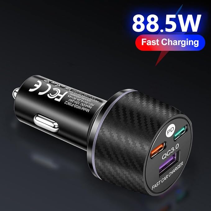 88.5W 3-Port USB C Car Charger with PD3.0 & QC3.0, Fast Charging Cigarette Lighter Adapter, 12V-24V Car Phone Charger Cigarette Lighter Adapter for Car/SUV/Truck/Van