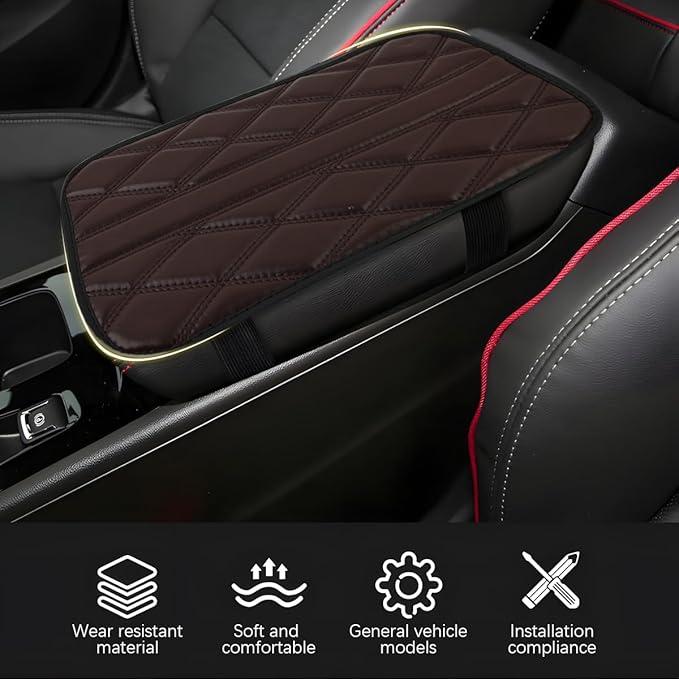 Car Center Console Cushion Pad, Leather Waterproof Vehicle Armrest Seat Box Cover, Comfortable Automotive Interior Arm Rest Protector Accessories, Universal for SUV, Sedan, Truck (Coffee)