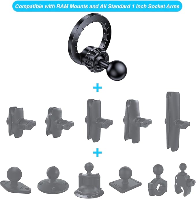Magnetic Phone Holder Base with 1” Ball Mount Adapter for MagSafe Compatible with RAM Mounts Double Socket Arm for iPhone 17/16/15/14/13/12 Series
