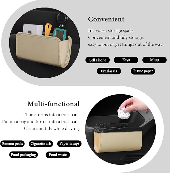 Car Trash Can, Foldable Small Hanging Trash Bin Waterproof Car Door Organizer, Multi-Function Leather Garbage Bag Mini Storage Can for Vehicle Back Seat & Side Door (Beige)