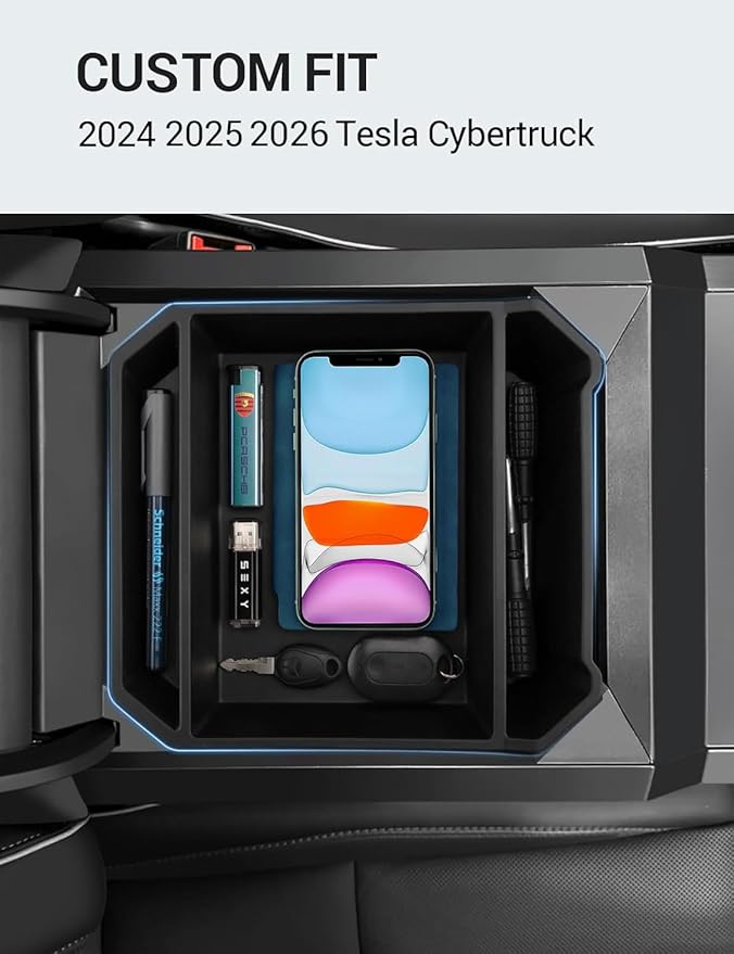 Motrobe Center Console Organizer for 2024-2026 Tesla Cybertruck Accessory Premium TPE Anti-Slip Armrest Storage Tray, OEM-Style Interior Accessories, No-Rattle Insert Box for Sunglasses, Phone & Coins