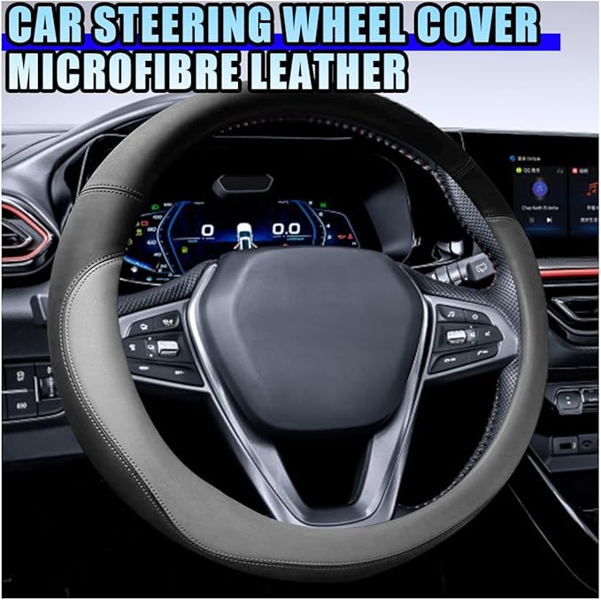 14.5"-15" Car Steering Wheel Cover, Microfiber Leather Breathable Wheel Cover, Anti-Slip Lining Steering Wheel Covers, Car Accessories Interior Decoration for Women Men (Grey)