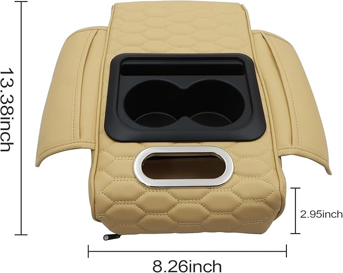 AOUTTUOA Universal Car Integrated Pressurized Multifunctional Armrest Heightening Pad Microfiber Leather Tan Car Center Console Armrest with 2 Cup Holders Phone Storage Slot Tissue Box Side Pockets
